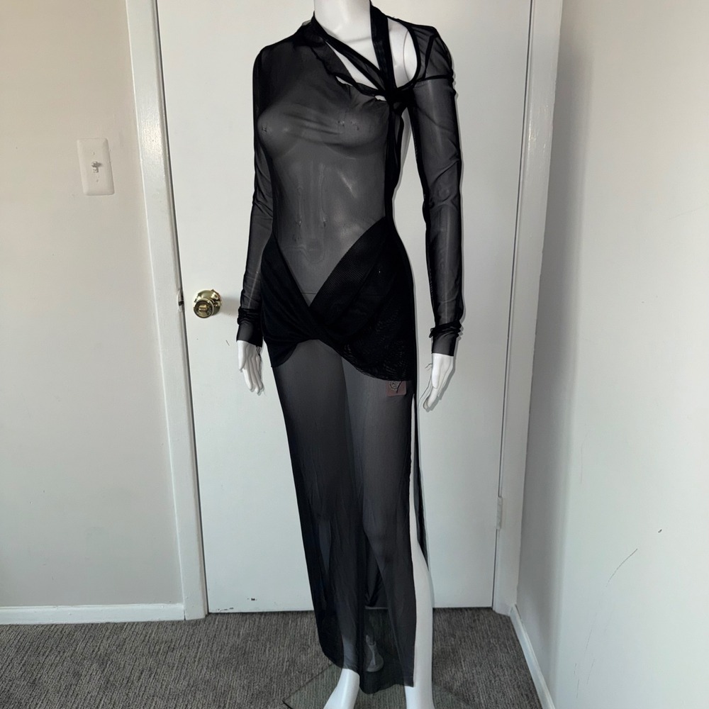 Micas Black Sheer Mesh Cutout Asymmetrical‎ Maxi Dress Avant Garde Edgy M - Picture 7 of 11